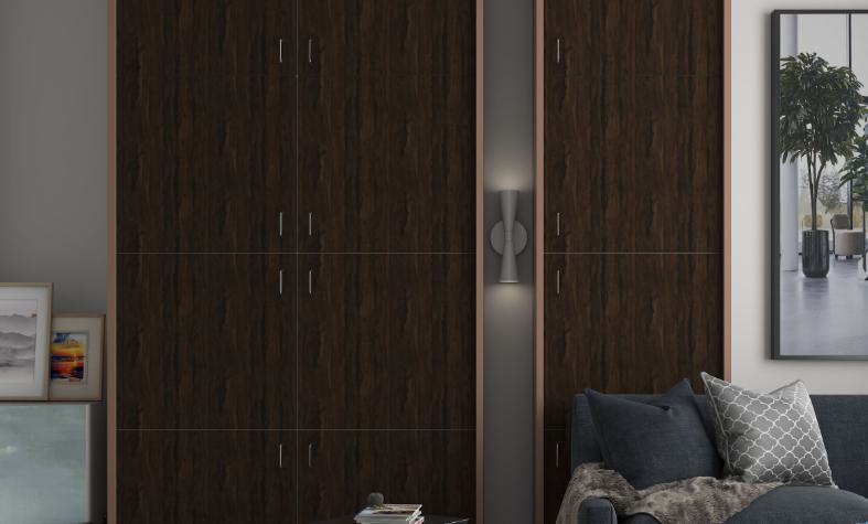 Brown wood grain laminate with suede finish on large cabinet doors, subtle texture and wood pattern visible in modern