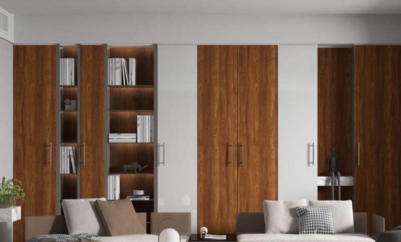 Brown wood grain laminate with suede finish used on modern living room furniture and shelving units