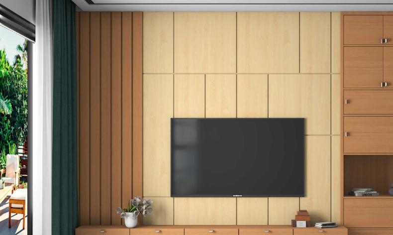 Brown wood grain laminate wall with suede finish, featuring vertical wood panels and a mounted TV in a modern room.