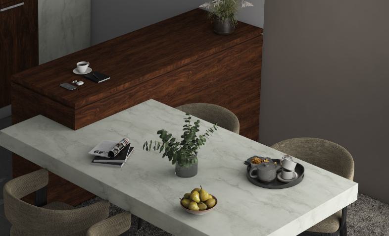 Brown wood laminate with suede finish and wood grain texture on a table and cabinet in a modern room setting
