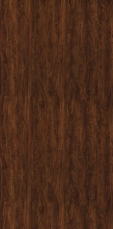 Brown wood grain laminate with suede finish and wavy pattern, showing wood texture and dark brown color variation.