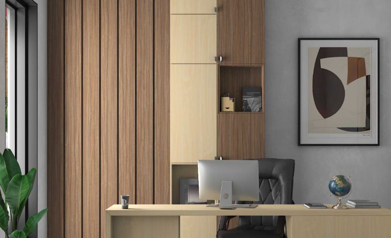 Brown wood laminate with vertical grain and suede finish used on wall panels in modern office setting
