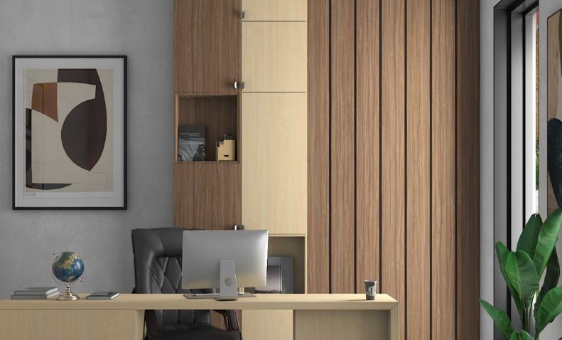 Brown wood grain laminate with suede finish on wall panels and desk in modern office setting with vertical wood slats