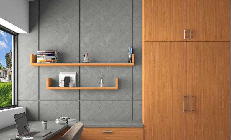 Brown wood grain laminate with suede finish on cabinet and shelves in modern office setting with gray tiles
