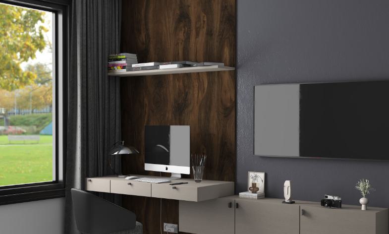 Brown wood laminate wall with textured finish and wood grain pattern in a modern home office setting with furniture