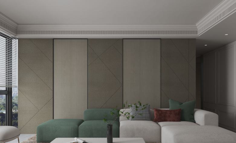 Brown wood grain laminate with textured finish and diagonal pattern on wall panels in modern living room setting