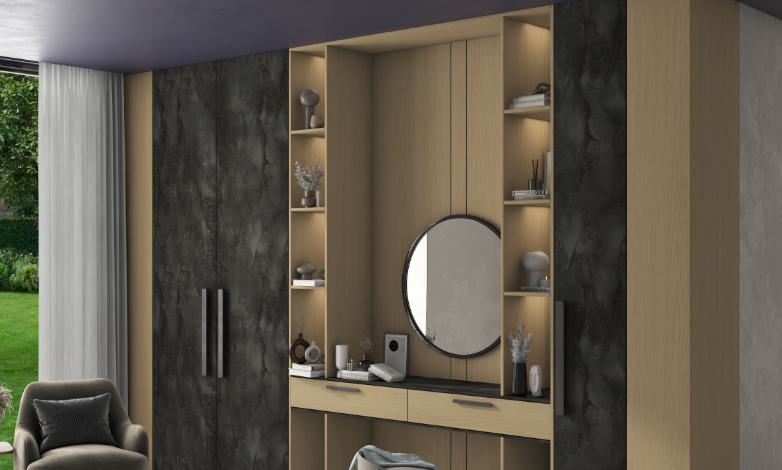 Brown wood laminate with textured finish and wood grain pattern on wardrobe doors and shelving unit in modern room setting