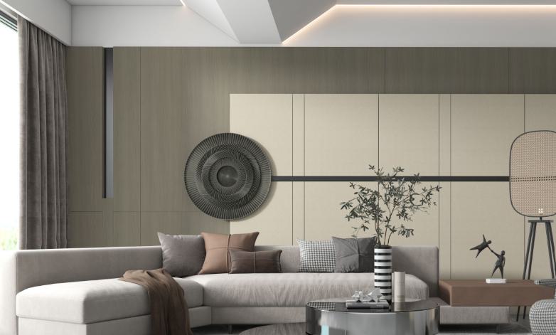 Brown wood laminate wall with textured finish in a modern living room with minimalist decor and neutral color palette