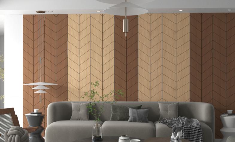 Brown wood laminate with textured finish and chevron pattern on wall in modern living room with gray sofa and decor.