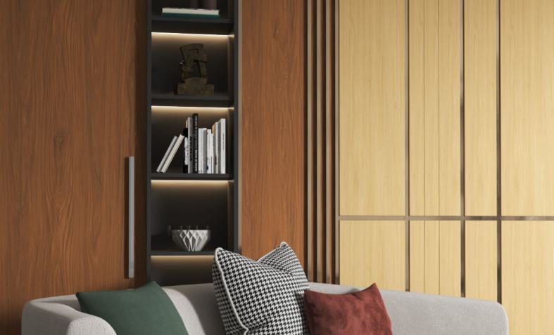 Brown wood laminate texture with visible grain, used on wall and shelving unit in a modern living room setting