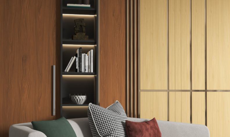 Brown wood laminate with textured finish and wood grain pattern on wall in modern interior design setting