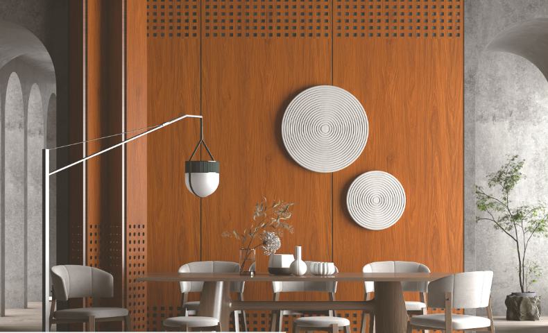 Brown wood laminate wall with textured wood grain and decorative plates in a modern dining room setting with minimalist decor