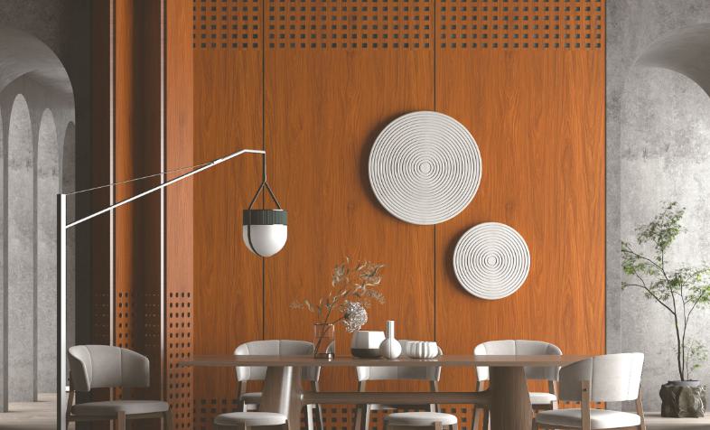 Brown wood laminate wall with textured wood grain finish in modern dining room setting with decorative plates and furniture