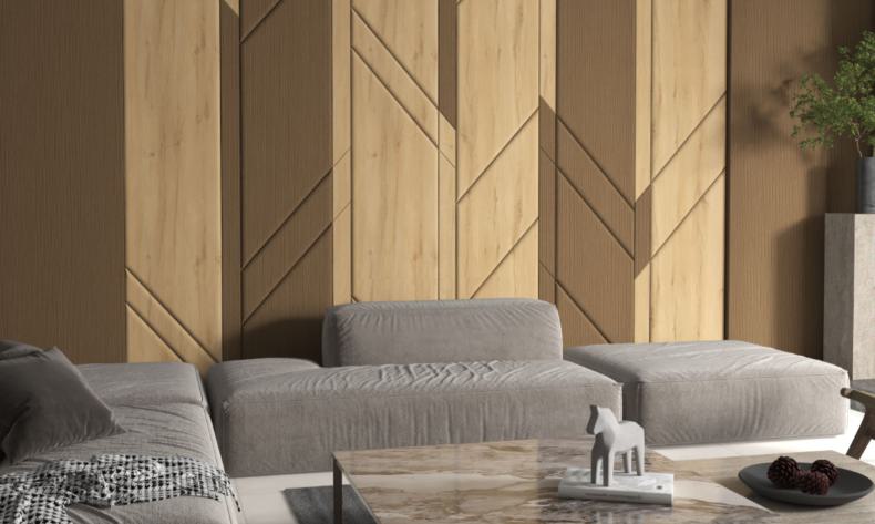 Brown wood laminate wall with textured finish and geometric pattern in a modern living room interior setting design