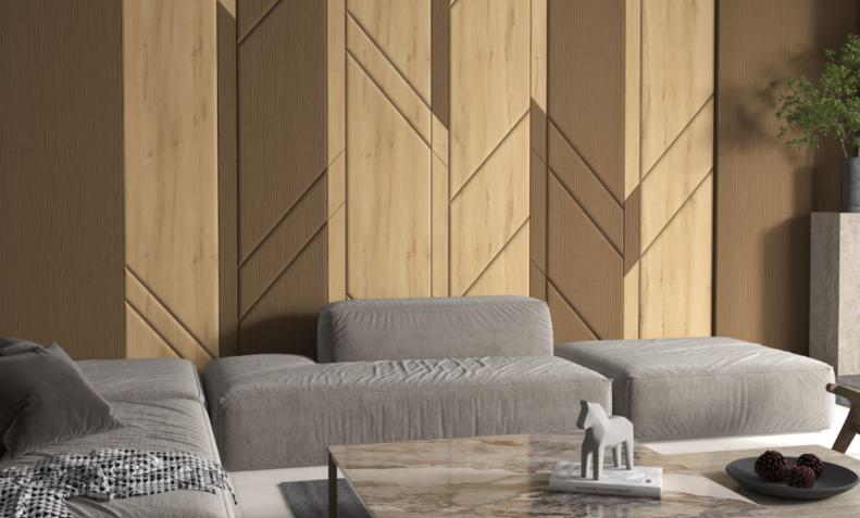 Brown wood laminate wall with textured finish and geometric pattern in modern living room setting with furniture and decor