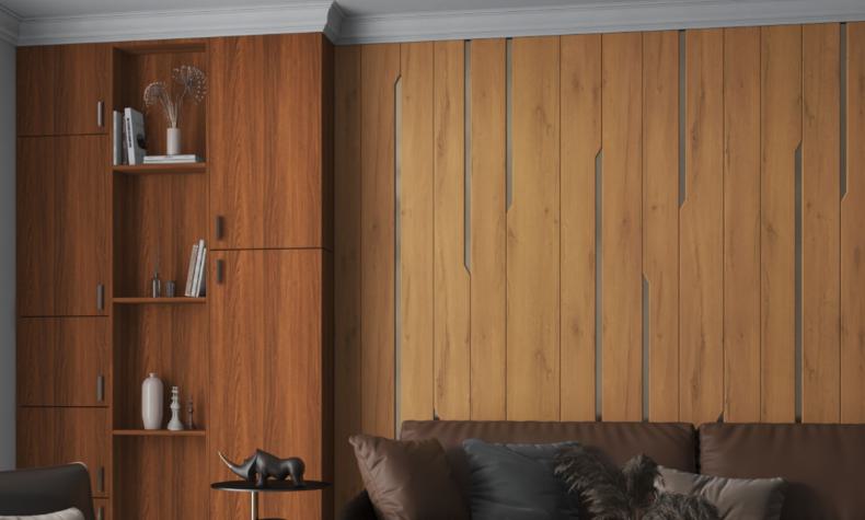 Brown wood laminate wall with textured wood grain and vertical planks in a modern living room interior