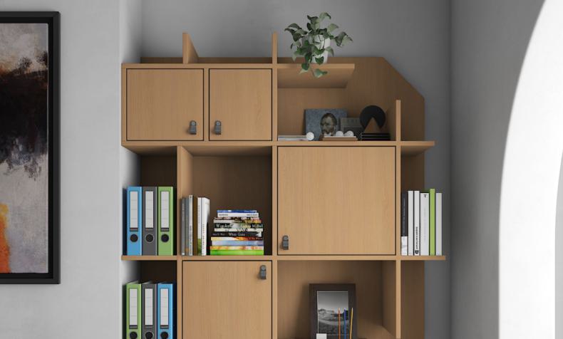 Brown wood grain laminate shelving unit with textured finish, displaying books and office supplies in a modern setting.