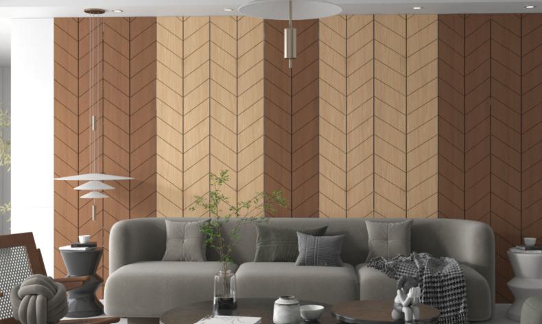 Brown wood grain laminate with chevron pattern and textured finish on living room wall, creating a modern interior design.