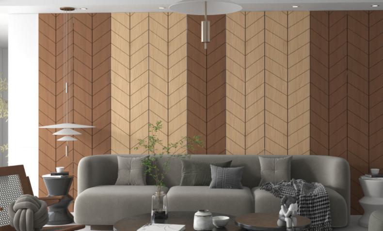 Brown wood laminate with textured finish and chevron pattern on wall in modern living room setting with gray furniture