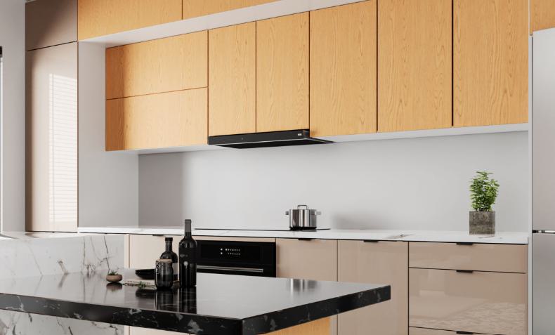 Brown wood grain laminate texture on kitchen cabinets, showing visible wood pattern and texture in a modern interior setting