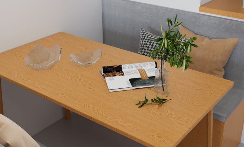 Brown wood grain laminate table with textured finish and visible wood pattern in a modern interior setting
