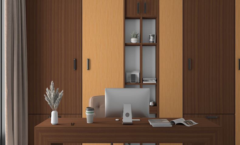 Brown wood grain laminate texture on modern office furniture and shelving units with sleek black hardware and decorative