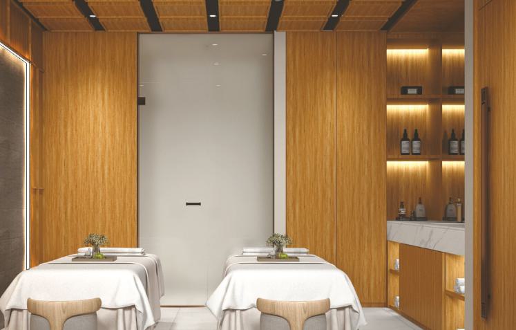 Brown wood grain laminate texture on walls and ceiling in a modern dining room with textured finish and wood pattern