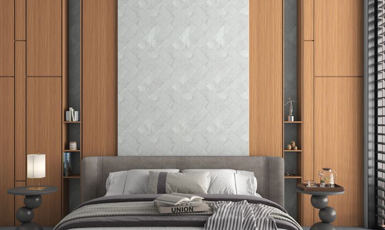 Brown wood laminate with textured finish and wood grain pattern used in modern bedroom interior design with shelved wall