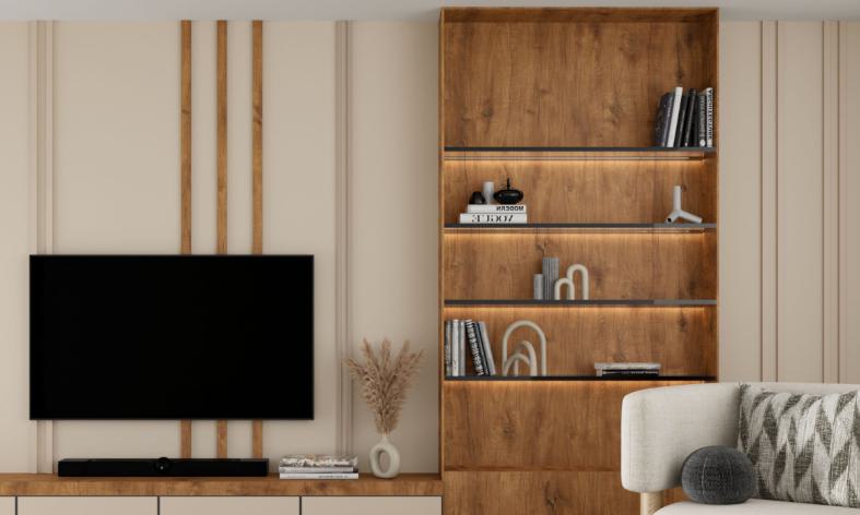 Brown wood laminate shelf with textured finish and visible wood grain in a modern living room setting with decorative items.