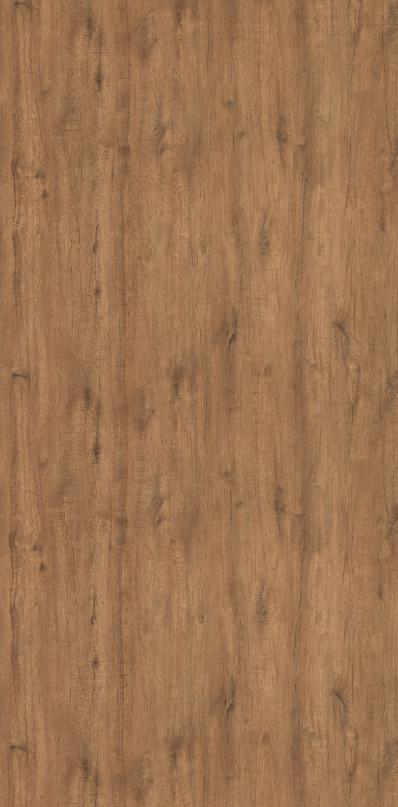 Brown wood grain laminate with textured finish and visible wood knots and grain pattern
