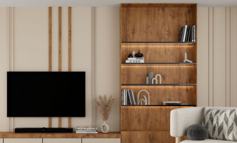 Brown wood laminate texture with visible wood grain used on shelving unit and wall paneling in modern living room