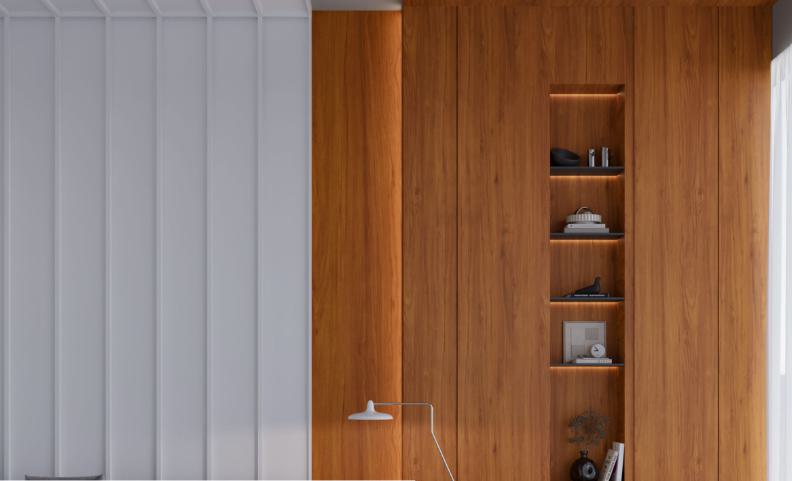 Brown wood grain laminate with suede finish and visible wood texture used on wall and shelving unit in modern interior