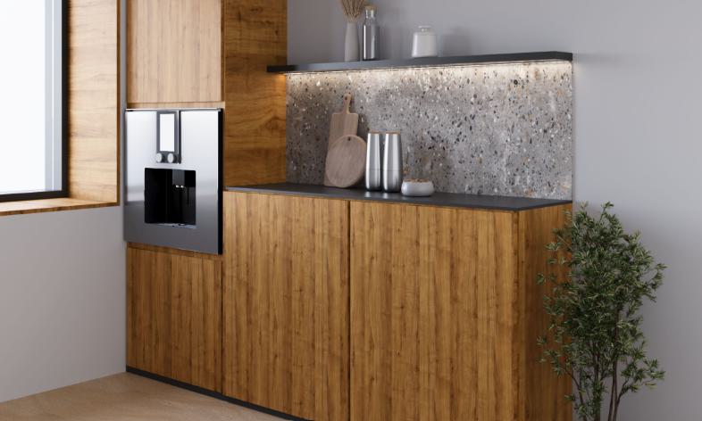 Brown wood grain laminate with textured finish used on kitchen cabinets and walls with modern decor and greenery nearby