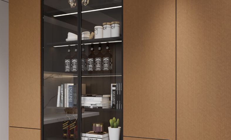 Brown wood laminate with fishbone pattern and textured finish on cabinet doors and frame in a modern interior setting