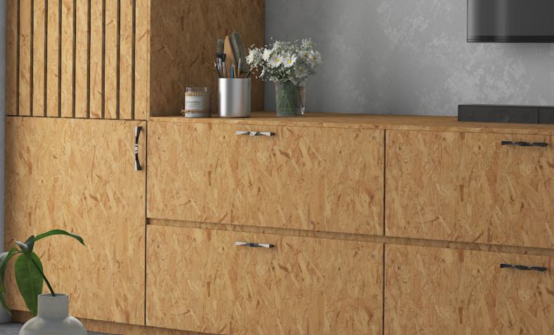 Brown wood laminate cabinet with suede finish and visible wood grain texture used in modern interior design setup.