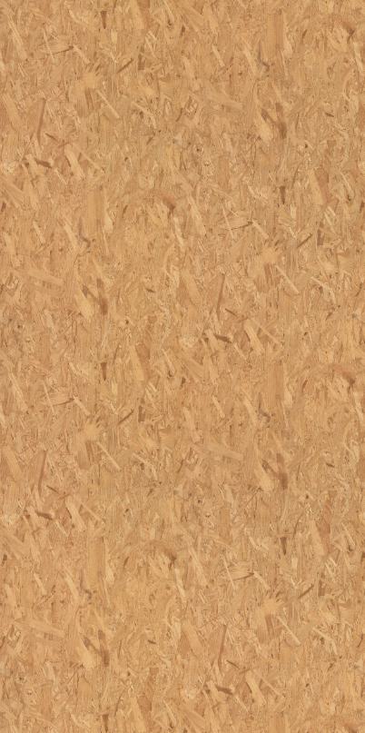 Brown OSB laminate with wood chip texture and suede finish, showing oriented strand pattern and matte sheen.