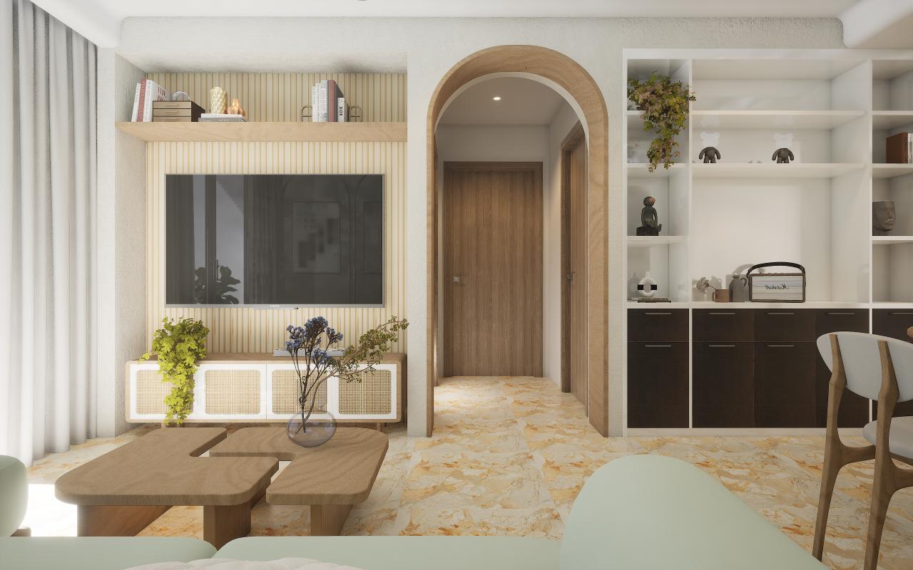 Wenge wood laminate interior with textured finish, used on wall paneling and archway in modern living room setting