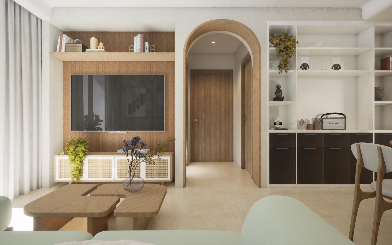 Wenge wood laminate with suede finish and wood grain texture used on wall and door in modern living room interior