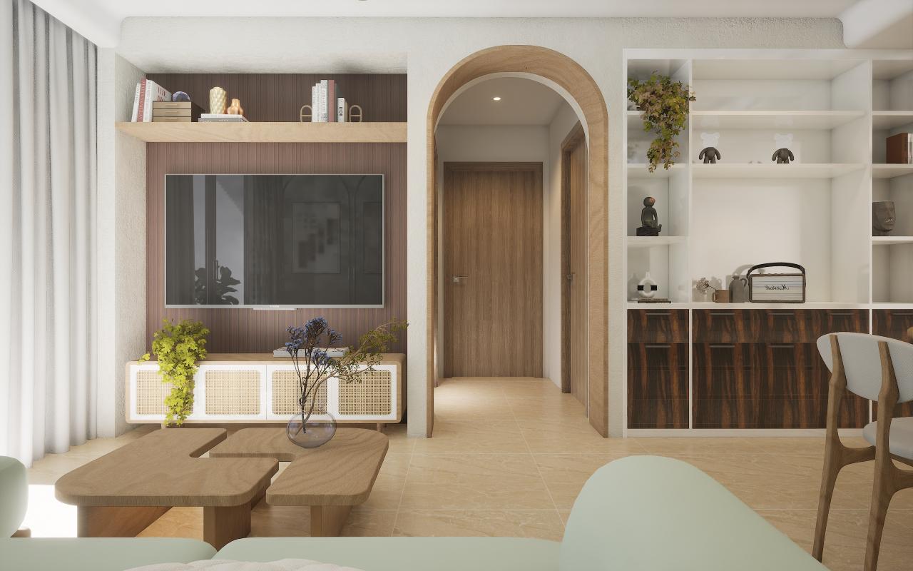 Brown wood laminate texture with wood grain pattern used on wall paneling and furniture in modern living room interior