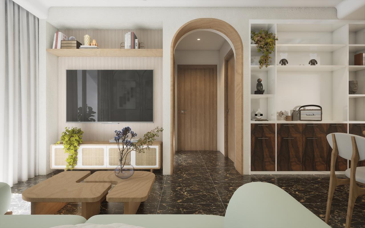 Brown wood laminate with suede finish and wood grain texture used on wall and door in modern living room interior
