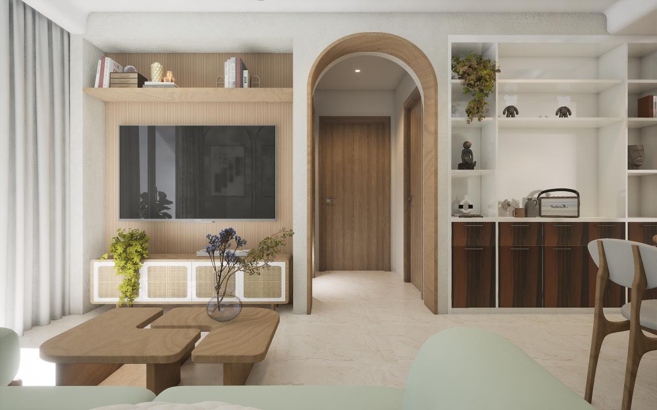 Brown wood laminate with suede finish and wood grain texture used in modern living room interior design and furniture