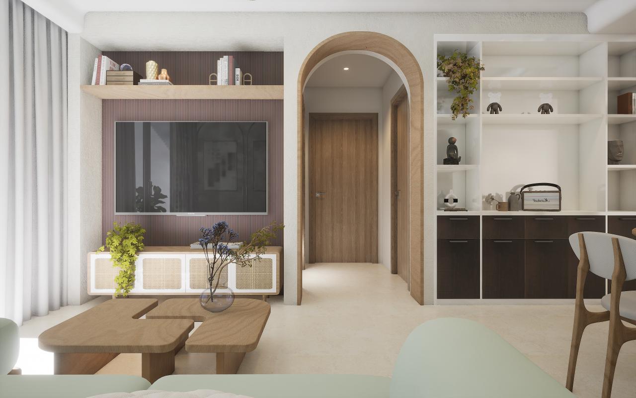 Dark wood laminate with textured finish and wood grain pattern on wall and furniture in modern living room interior