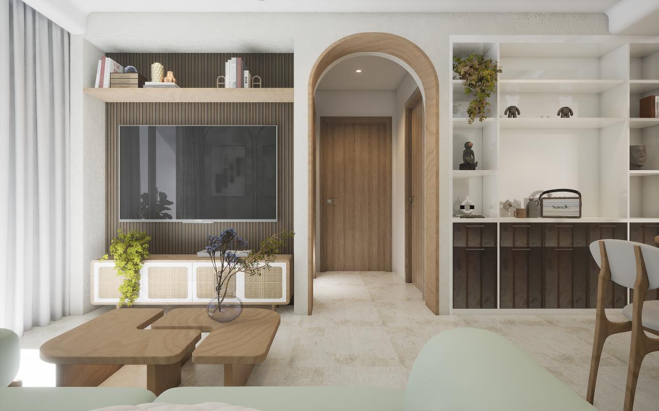 Brown wood grain laminate wall panel with textured finish in modern living room interior design setting