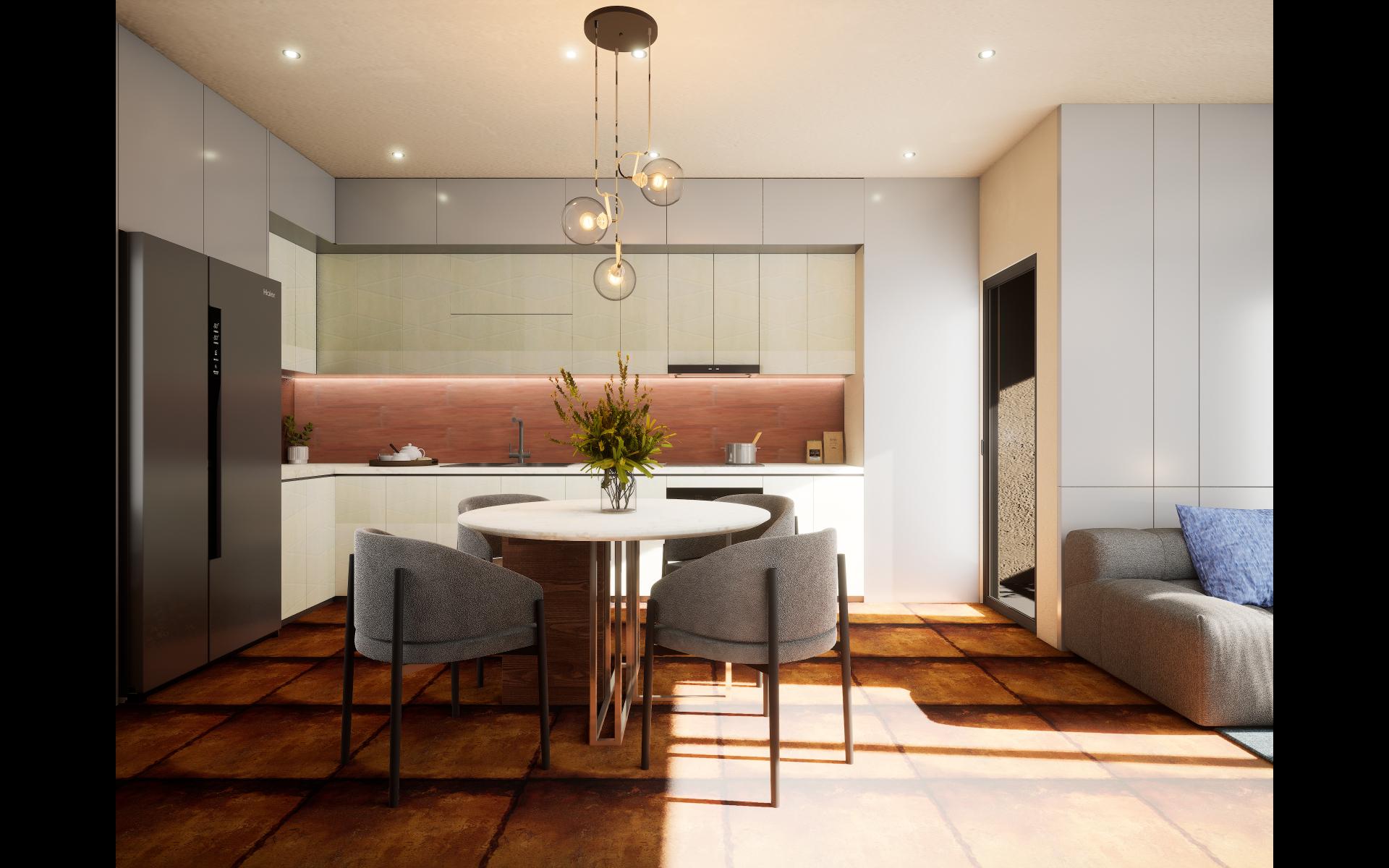 White laminate kitchen cabinets with plain finish and texture, used in modern kitchen interior design with sleek appliances