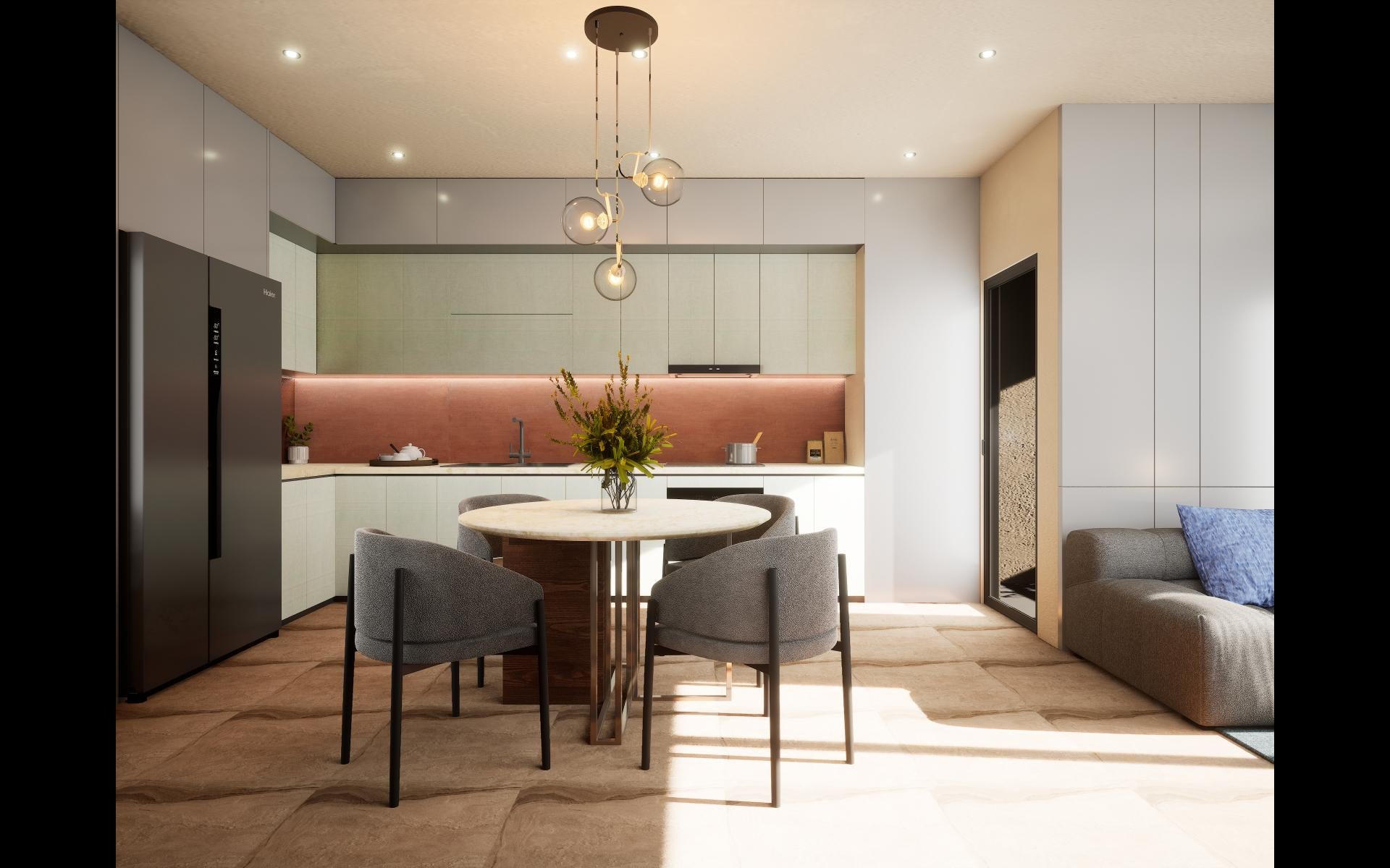 White laminate texture on kitchen cabinets and backsplash in modern interior design with dining table and gray furniture.