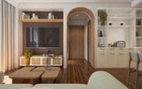 Glossy wood laminate with teak pattern and wood grain texture used in modern living room interior design