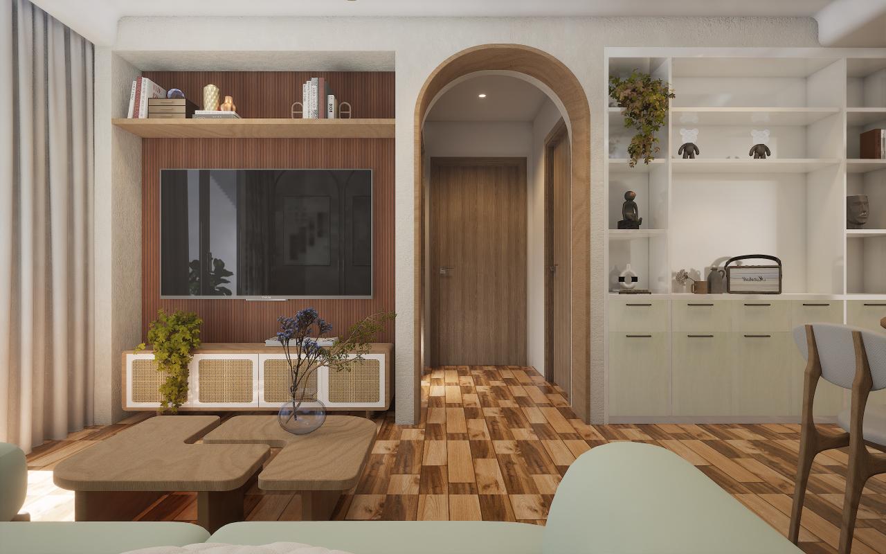 White wood laminate with wood grain texture and suede finish used on wall paneling and flooring in modern living room