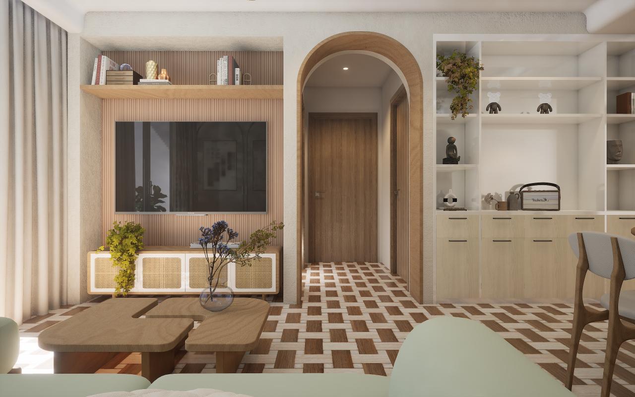 Wood laminate interior with textured wood grain finish used on walls, floor and furniture in modern living room setting