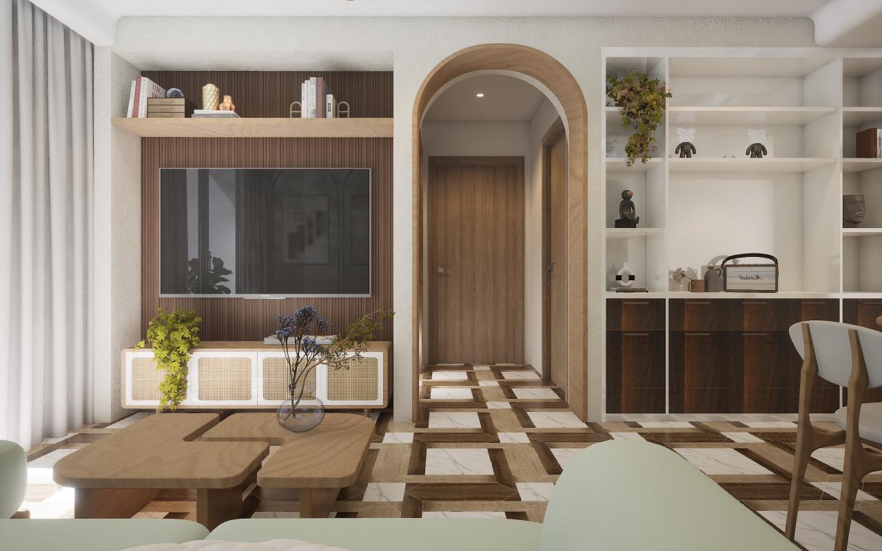 Brown wood laminate with textured finish and wood grain pattern used in modern living room interior design and furniture