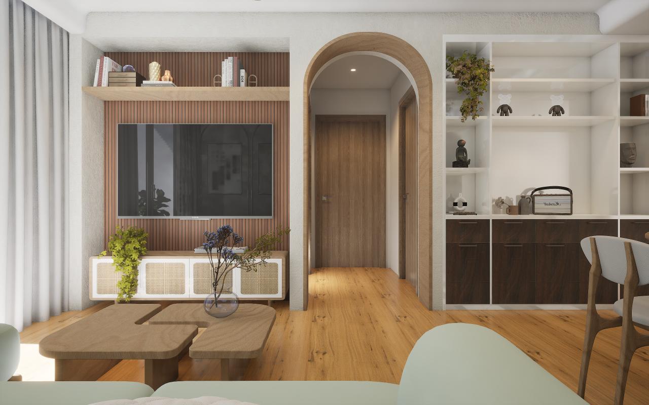 Brown wood laminate texture with vertical grain pattern used on wall and door in modern living room interior design